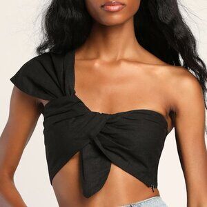 Lulus What's Knot To Love Black One-shoulder Knot-front Crop Top - Size XS